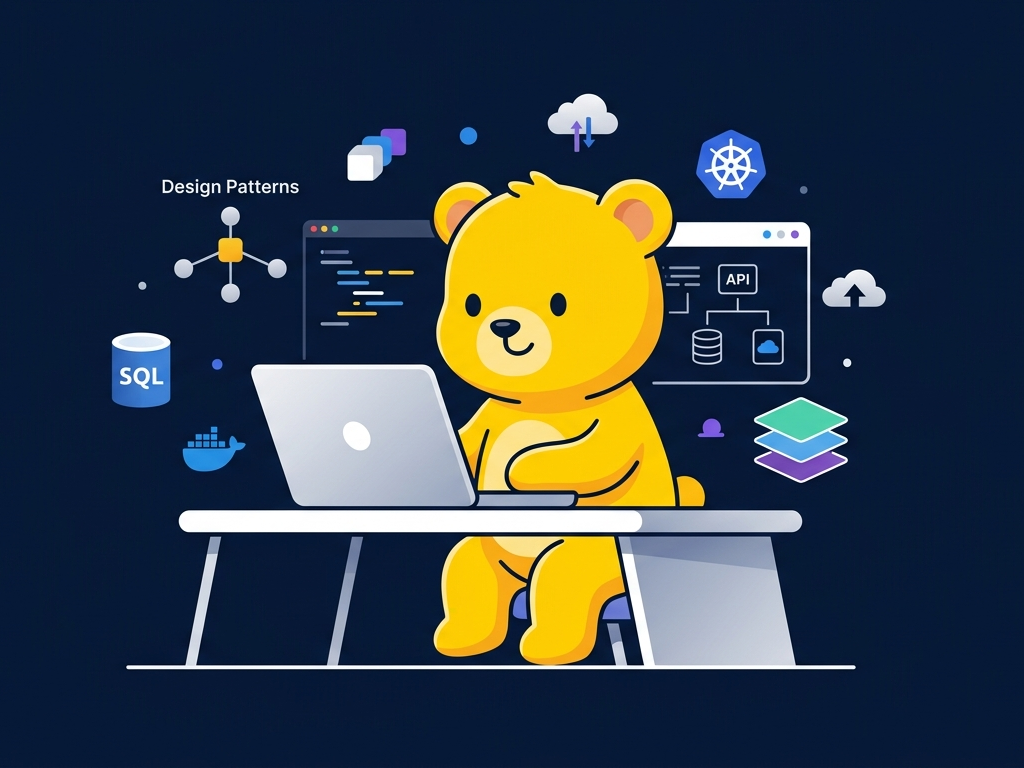 Un ours jaune travaille sur son ordinateur, entouré d'icônes de design patterns, bases de données, cloud et DevOps